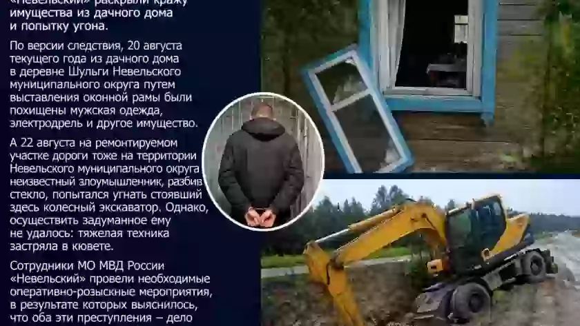 В Невельском округе раскрыли кражу из дачного дома и попытку угона экскаватора
